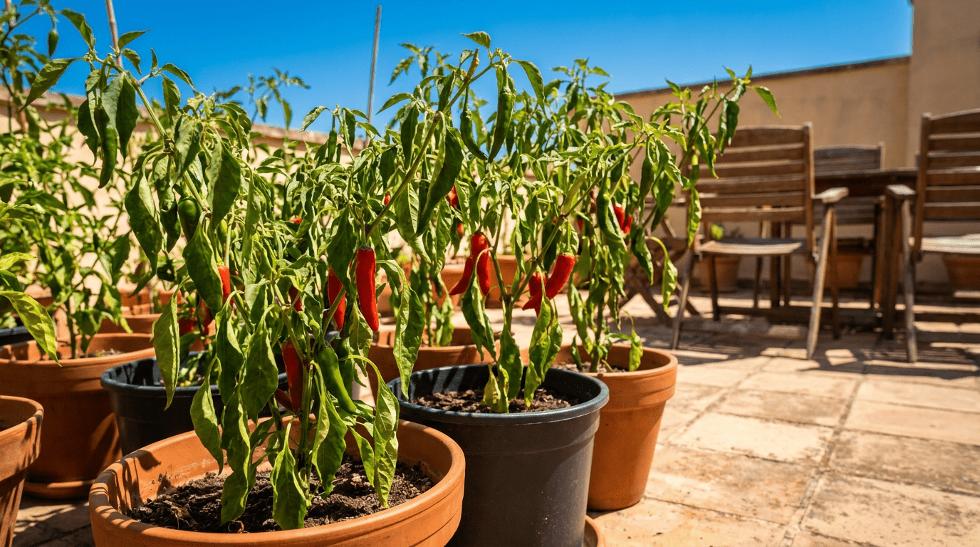 Chili-Pflanzen mit hitzebedingt hängenden Blättern in Töpfen auf einer sonnigen Sommerterrasse