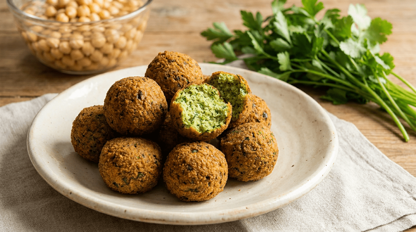 Frittierte Falafel auf einem Teller, eine aufgebrochen mit grünem, fluffigem Inneren