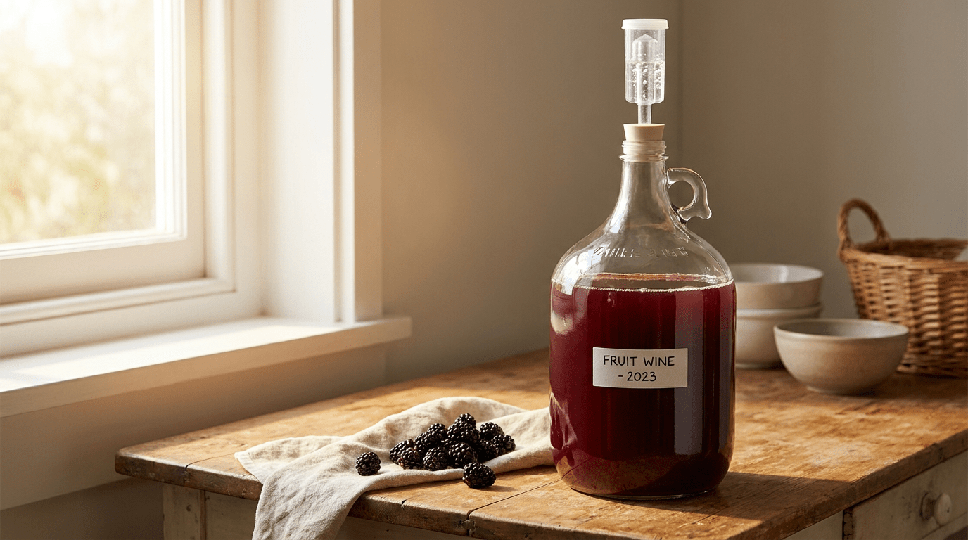 5-Liter-Weinballon aus Glas mit Gärröhrchen, gefüllt mit Fruchtwein