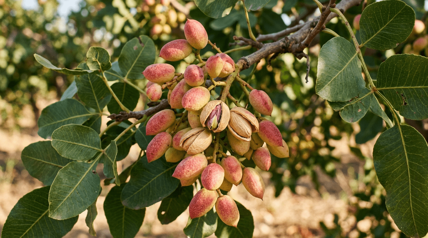 Pistazie am Baum: beigefarbene Innenschale, an der Spitze aufgesprungen, grüner Kern sichtbar