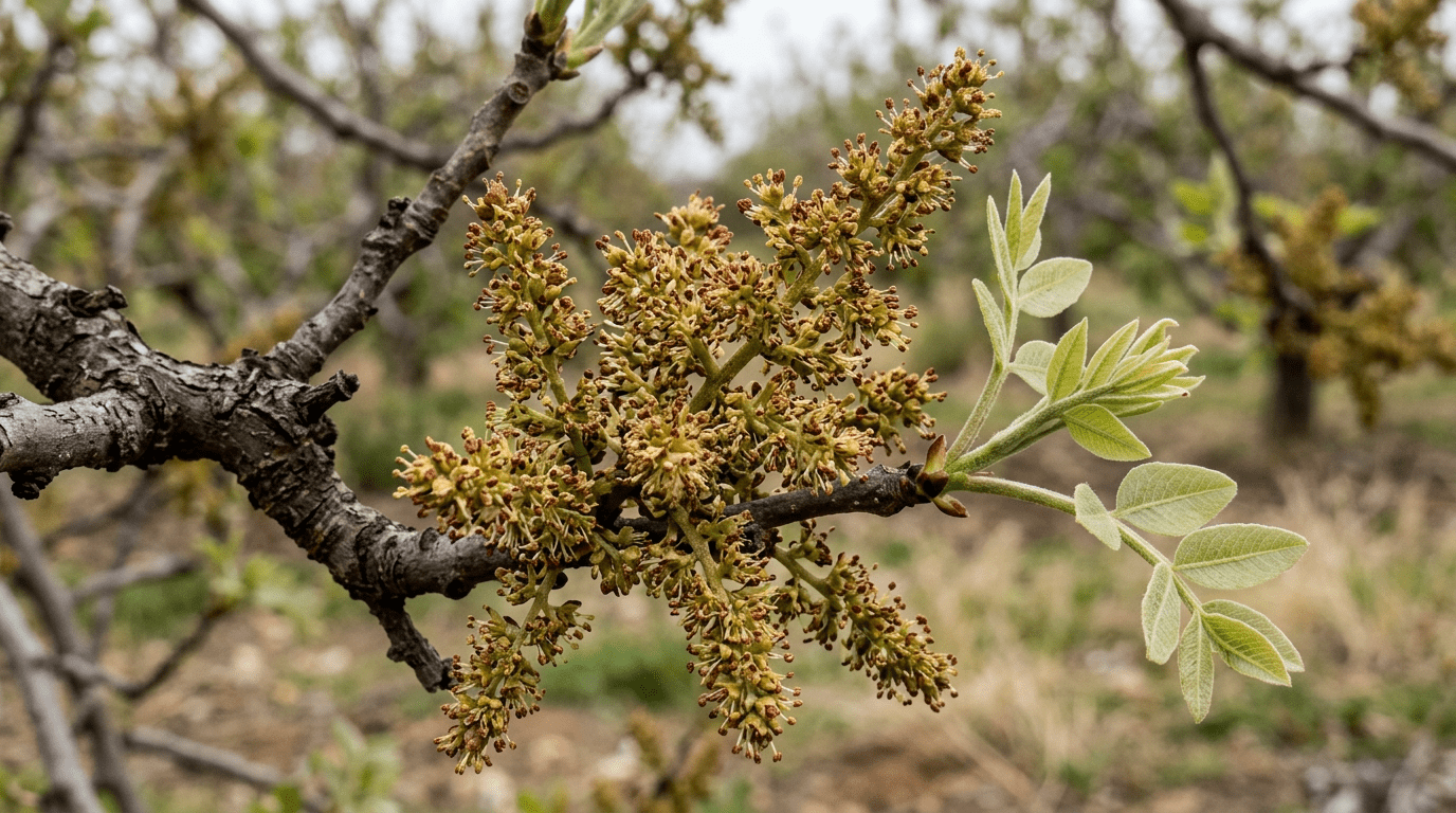 Verzweigte Blütenrispe von Pistacia vera mit austreibenden Fiederblättern