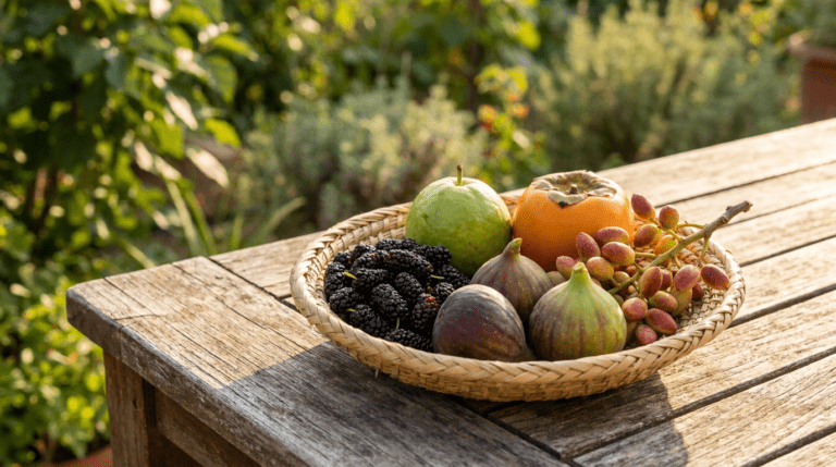 Korb mit exotischen Gartenfrüchten: Maulbeeren, Feigen, Guave, Kaki und Pistazien