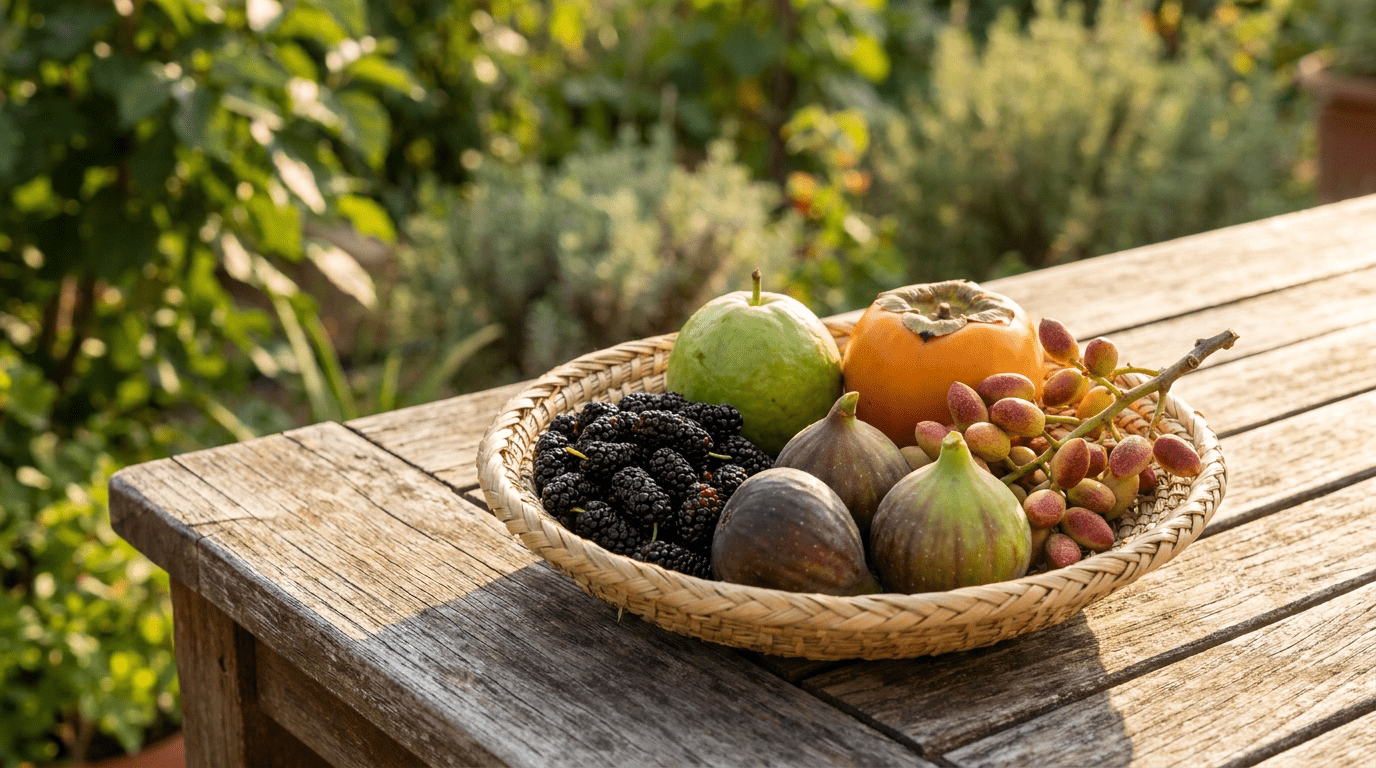 Korb mit exotischen Gartenfrüchten: Maulbeeren, Feigen, Guave, Kaki und Pistazien