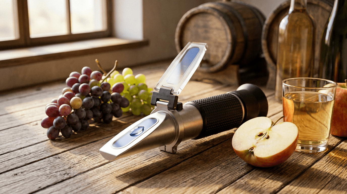 Handrefraktometer neben frischem Obst und einem Glas Saft auf Holztisch