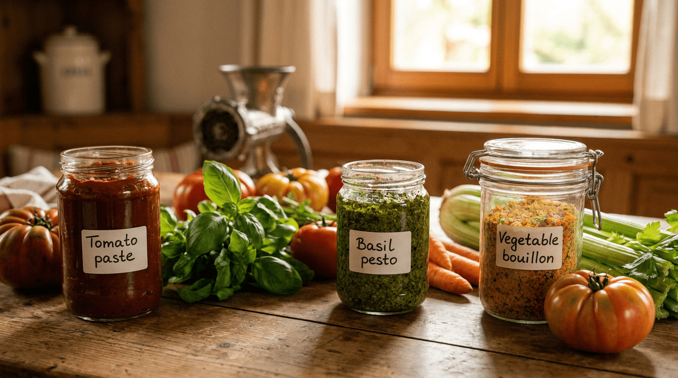 Gläser mit selbstgemachtem Tomatenmark, Pesto und Gemüsebrühpaste auf einem Holztisch