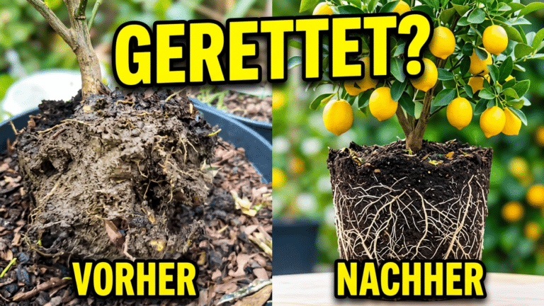 Zitruspflanze gerettet: Wurzelballen vorher im Lehm und nachher gut durchwurzelt