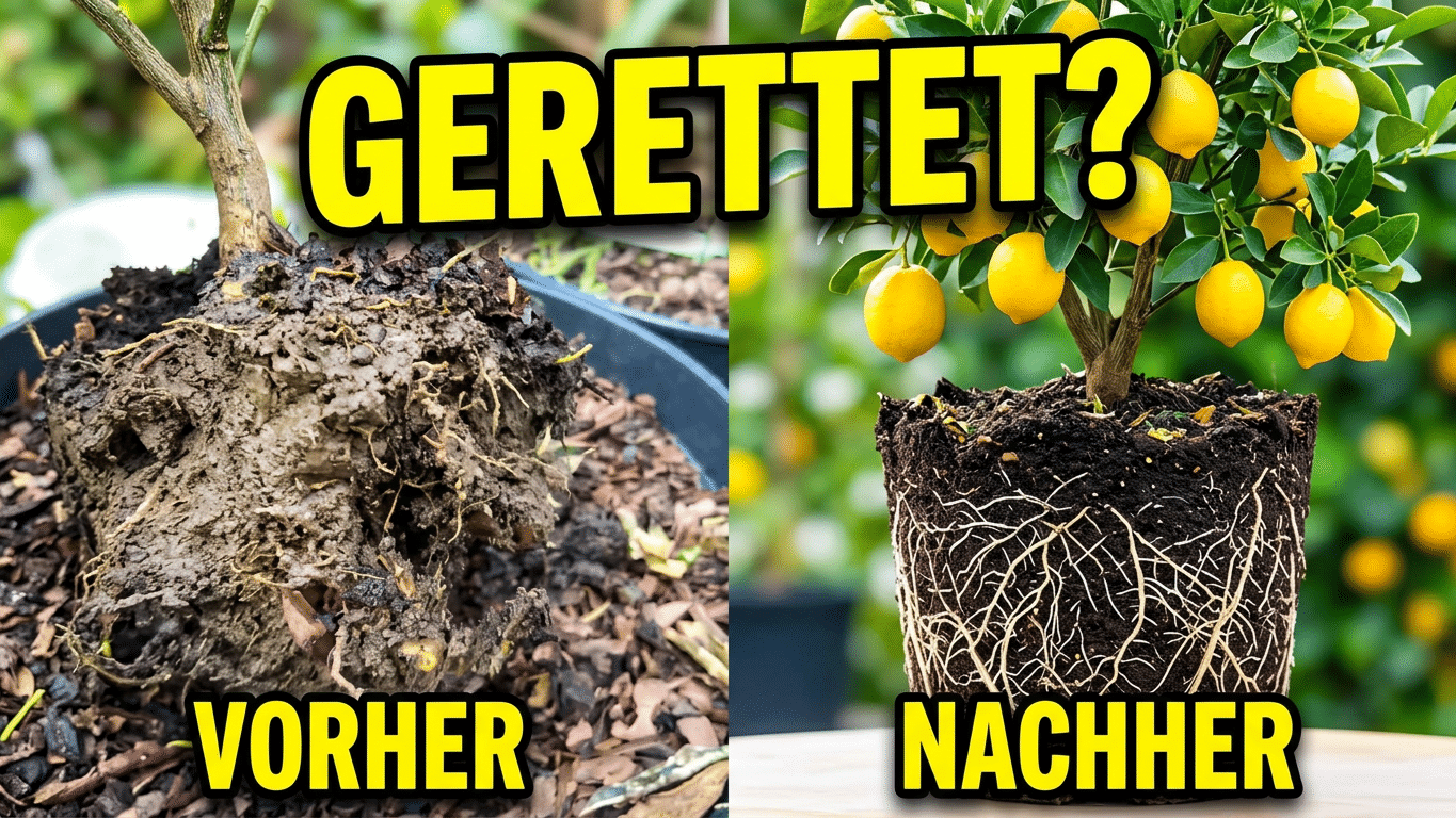 Zitruspflanze gerettet: Wurzelballen vorher im Lehm und nachher gut durchwurzelt
