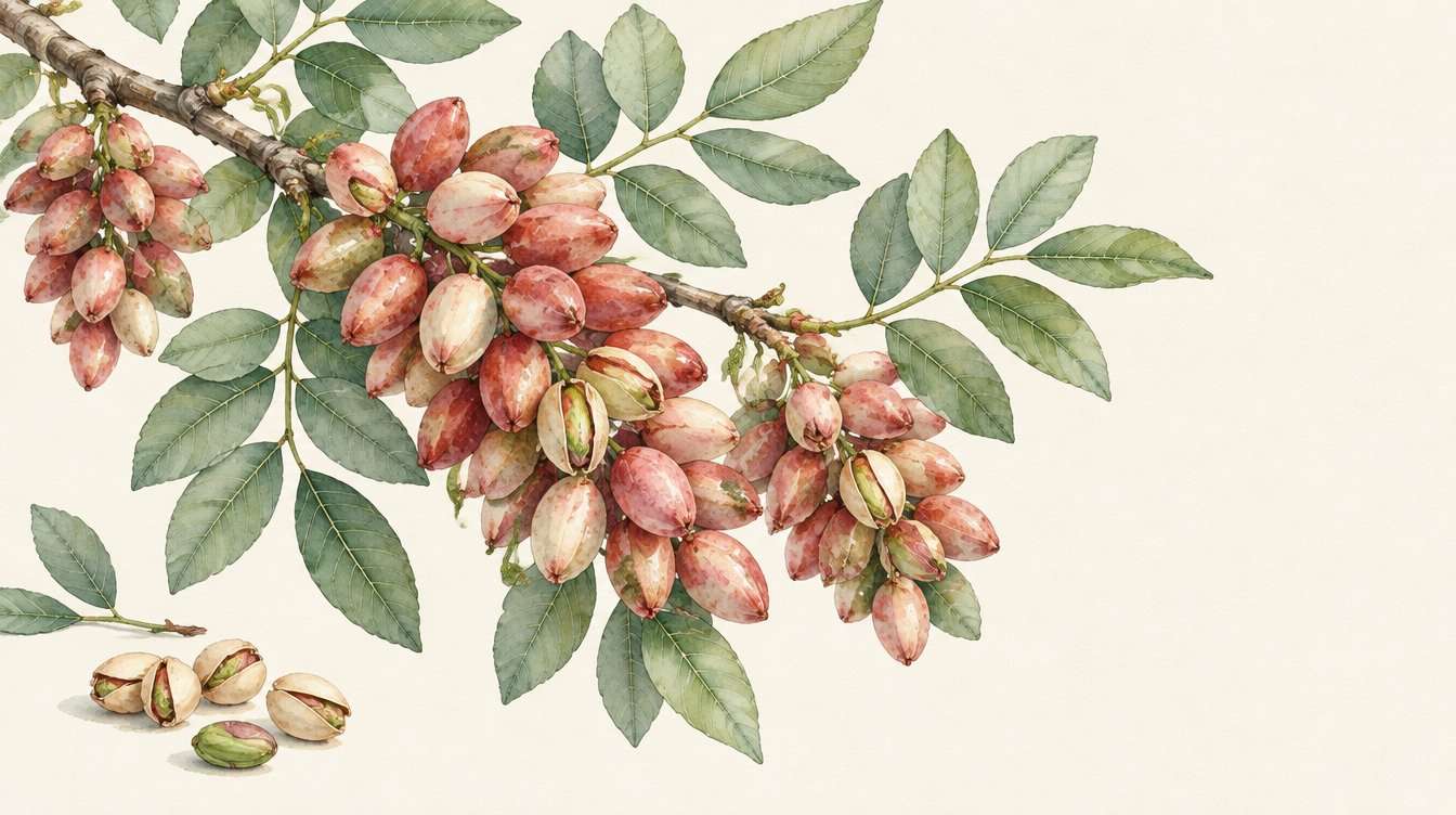 Illustration eines Pistazienzweigs mit rötlichen Fruchtständen und aufgesprungenen Pistazien