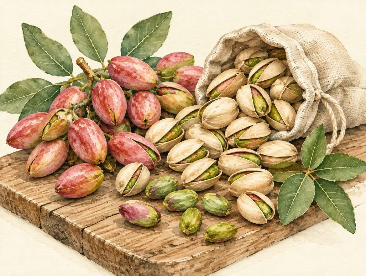 Illustration geernteter Pistazien mit roter Fruchthülle und aufgesprungenen Schalen auf einem Holzbrett